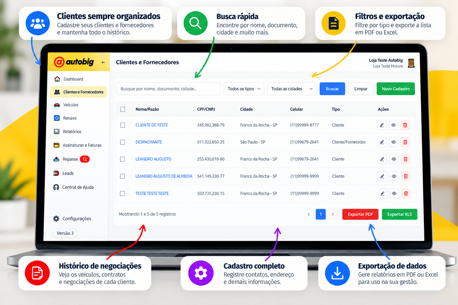 Cadastro e pesquisa de clientes no Autobig