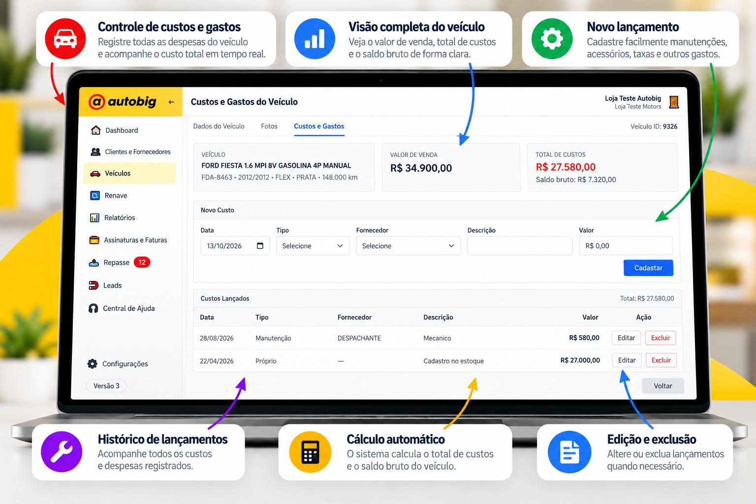 Registro de custos e saldo bruto estimado por veículo no Autobig