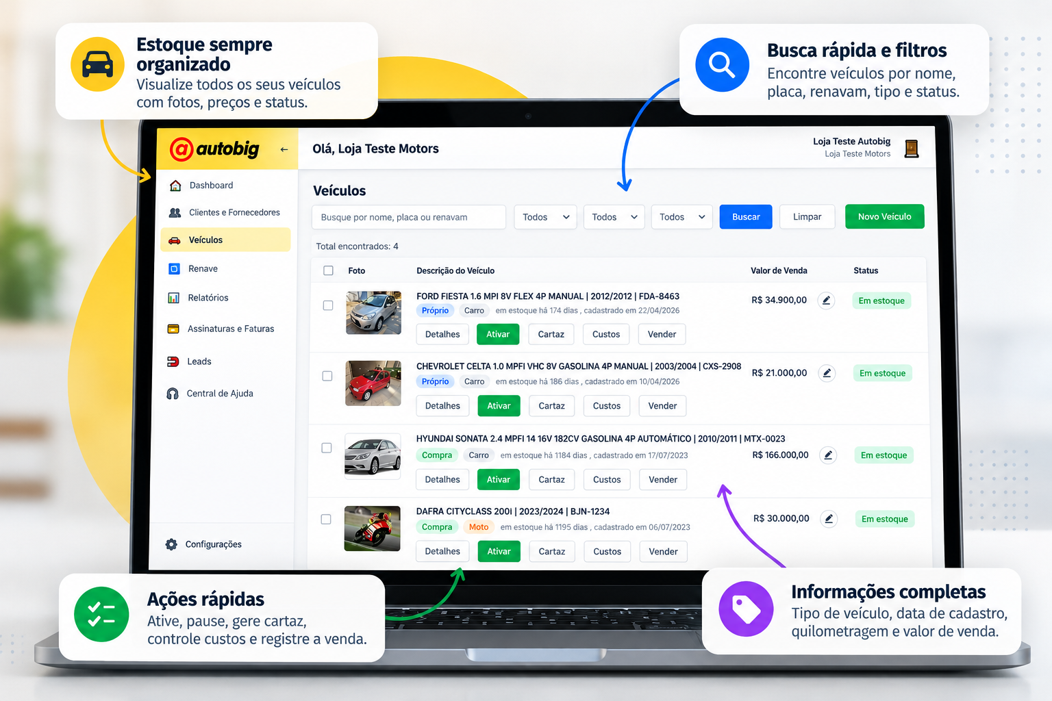 Estoque de veículos organizado no sistema Autobig
